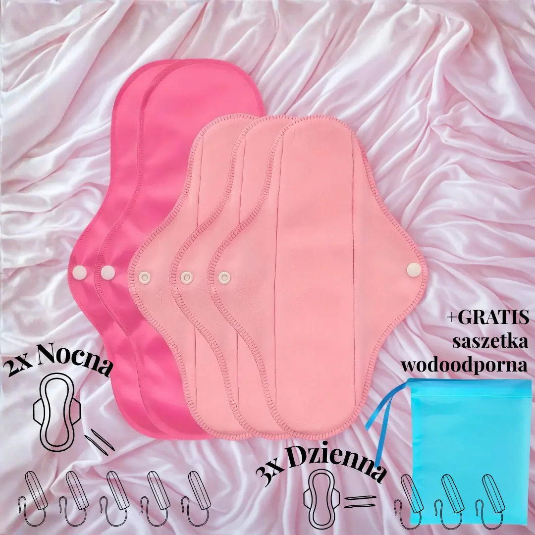 Zestaw 5 szt. wielorazowych podpasek Bella z organicznej bawełny bambusowej + saszetka wodoodporna GRATIS!